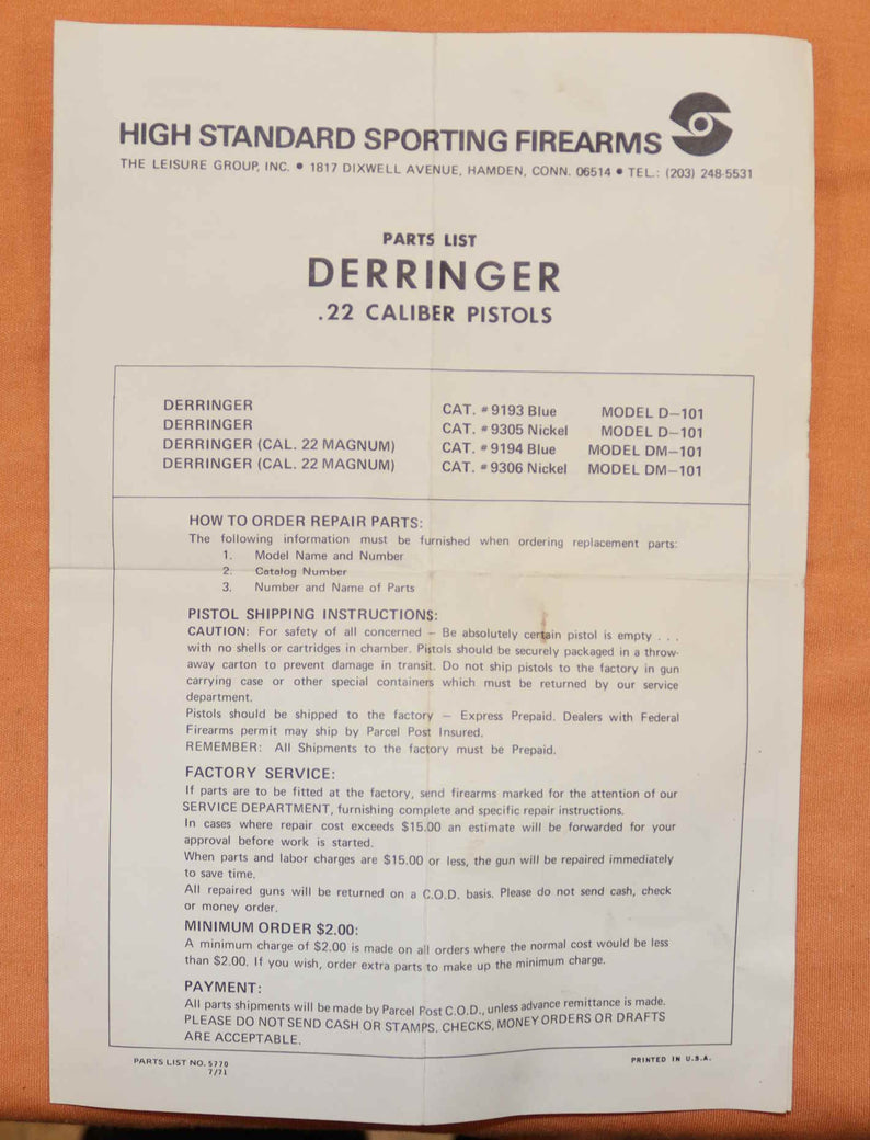 Pistola High Standard Modello Derringer D101 Calibro 22LR