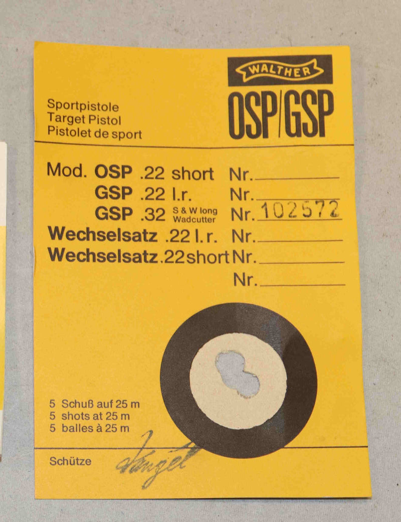 Pistola Walther Modello GSP Calibro 32WC Sportiva